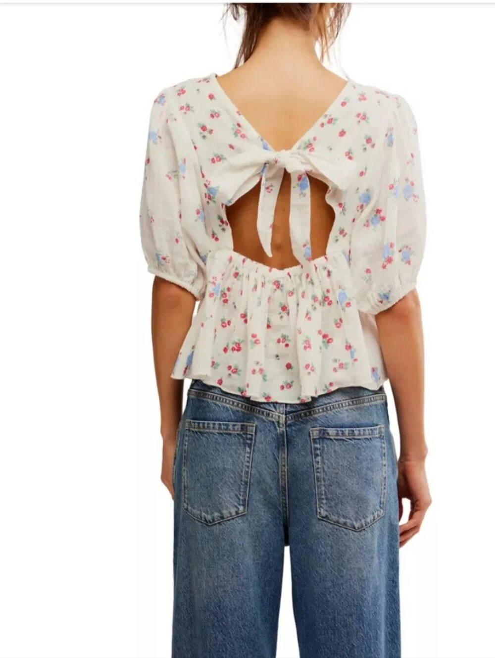 Free People Chloe Floral Puff Sleeve Tie Back Blouse Cotton Gauze White P/S